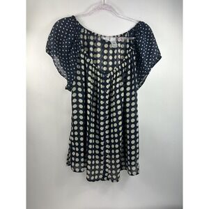 Emma James Woman Blouse Women's Sz 18W Navy Blue Tan Polka Dots‎ Sheer